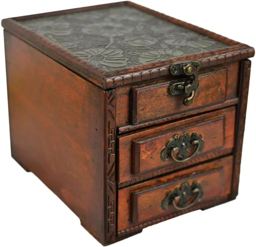 PRETYZOOM Vintage Wooden Jewelry Dressing Case with Mirror Decorative Trinket Box for Necklace Earring Storage Bedside Organizer Gift for Women