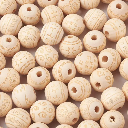 Vista 2 de Cheriswelry 100 cuentas de madera natural sin terminar de 0.631 pulgadas (0.630 in) con patrón grabado láser blanco antiguo, cuentas de madera