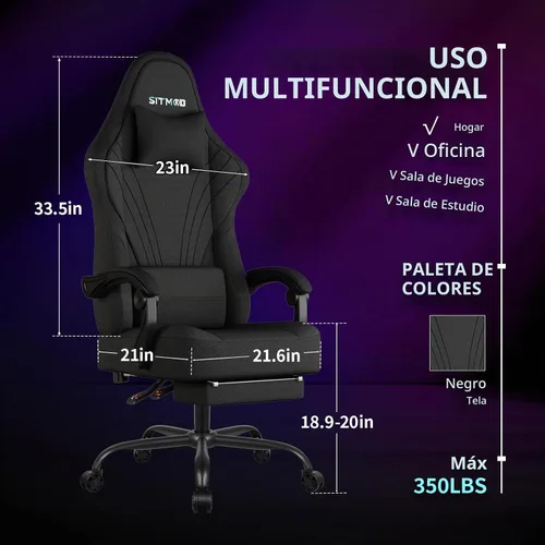 Vista 2 de SITMOD Silla de videojuegos de tela, reposapiés, soporte lumbar, reclinable Negro