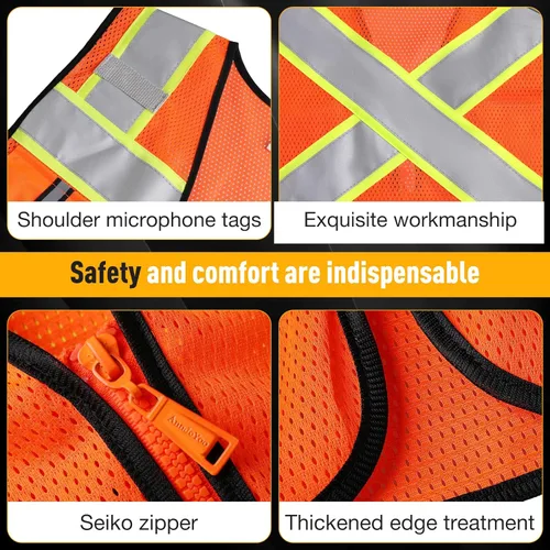 Vista 4 de Chaleco de seguridad clase 2 con cremallera frontal y múltiples bolsillos, chaleco de alta visibilidad, cumple con las normas ANSI/ISEA