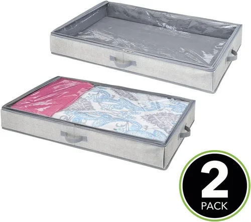 Vista 2 de mDesign Bolsa organizadora de tela suave debajo de la cama para ropa, accesorios, lino, panel superior de fácil visión, tapa con cremallera de 2