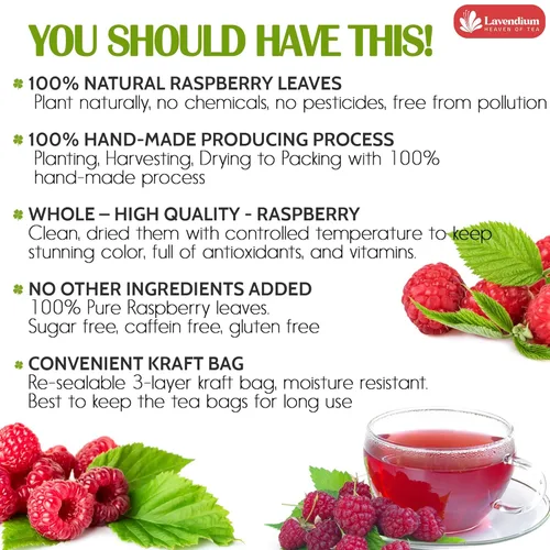 Vista 3 de Lavendium, 60 bolsas de té de hoja de frambuesa premium, 100% natural y puro. Té de hierbas de frambuesa de hojas sueltas. Sin azúcar, sin cafeína