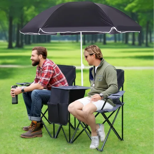 Vista 2 de Double Camping Chair with Canopy, with Cup Holder and Side Storage Pockets, for Beach, Camping and Fishing (Black)