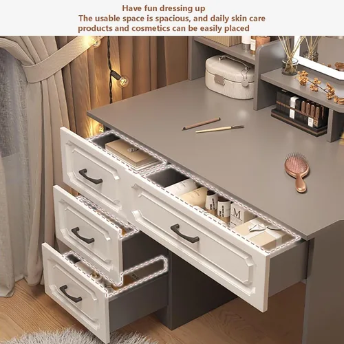 Vista 4 de Vanity Desk with Mirror and Lights,Makeup Vanity,Small Vanity Table for Bedroom,Classified Storage, Large-Capacity Desktop, Open Storage