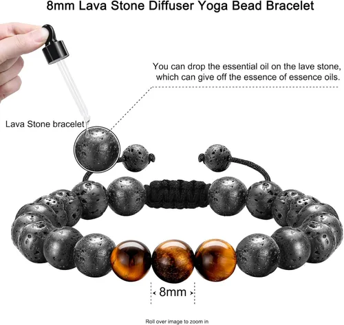 Vista 6 de Lava Rock Bracelets for Men, 8mm Tiger Eye Lava Rock Stone Mens Beaded Bracelets Men Bracelets Set Initial Bracelets for Men Adjustable Bracelet