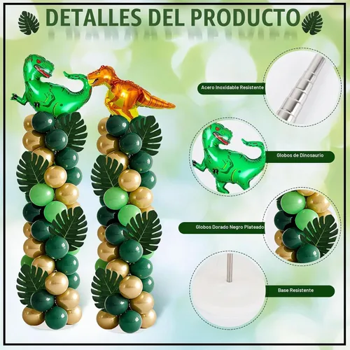 Vista 4 de Juego de 2 soportes de columna de globos de dinosaurio, kit de columna de globos de oro verde y verde ajustable con temática de dinosaurio