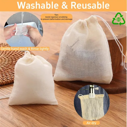 Vista 4 de Paquete de 50 bolsas de muselina de algodón con cordón, bolsas de té reutilizables, bolsas de especias/bolsas de filtro para té de hojas sueltas