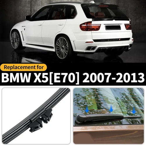 Vista 2 de Juego de limpiaparabrisas trasero, 2 piezas de limpiaparabrisas trasero y brazo de repuesto para BMW X5 E70 2007-2013, conjunto de brazo