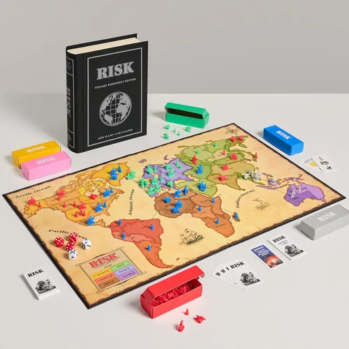Vista 5 de WS Game Company Risk Vintage Bookshelf Edition, caja de libros y funda envuelta en lino, variante de misión secreta y 6 ejércitos, juegos de mesa