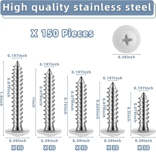 Vista 2 de Peryiter 150 tornillos de obturador #8 con cabeza blanca de 1/2 pulgada, 3/4 pulgadas, 5/8 pulgadas, 1 pulgada, 1-1/2 pulgadas, tornillos blancos
