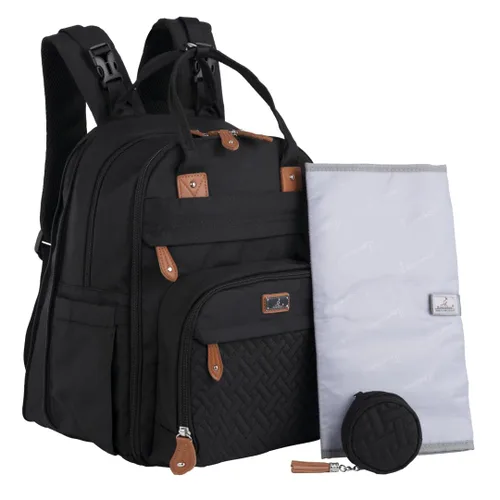 Vista 35 de BabbleRoo - Mochila de cuero para pañales, bolso de viaje para bebé con artículos esenciales, multifuncional, resistente al agua, con almohadilla