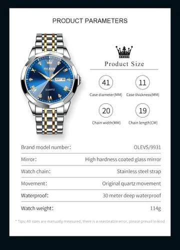 Vista 8 de OLEVS Reloj de lujo para hombre (plataoroazulnegro)(diamantenúmero romanonúmero arábigo) relojes de esfera de acero inoxidable reloj fecha