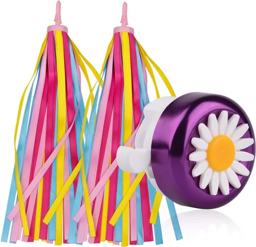 Vista 9 de U-LIAN Serpentinas y campanas de bicicleta para niñas, 1 paquete de campanas de bicicleta de flores con 2 paquetes de serpentinas para manillar