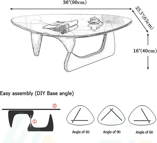 Vista 2 de HM&DX Mesa auxiliar triangular de vidrio grueso, mesa moderna de mediados de siglo, mesa auxiliar de vidrio, base de madera maciza, mesas de centro