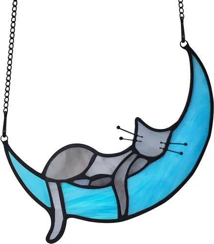 BOXCASA Atrapasoles de Vidrio Emplomado Hecho a Mano de Gato Gris en Luna - Colgante Decorativo para Ventana para Amantes de los Gatos, Día de la