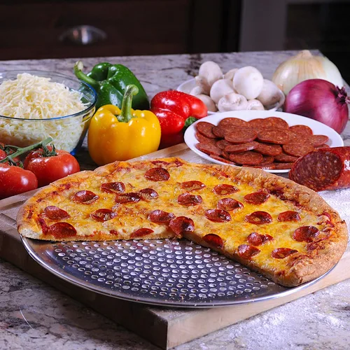 Vista 5 de Crown - Juego de sartenes para pizza de 14 pulgadas, sartén para pizza con agujeros de 14 pulgadas, cortador de rueda de pizza, resistente, sin