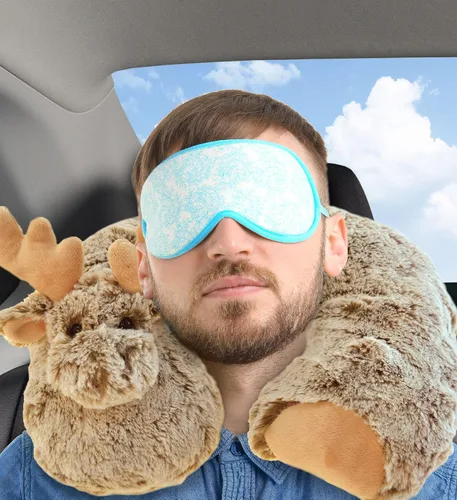 Vista 5 de DolliBu - Almohada de cuello de felpa de alce marrón, suave almohada de viaje para el cuello y la cabeza, bonito accesorio de almohada de peluche
