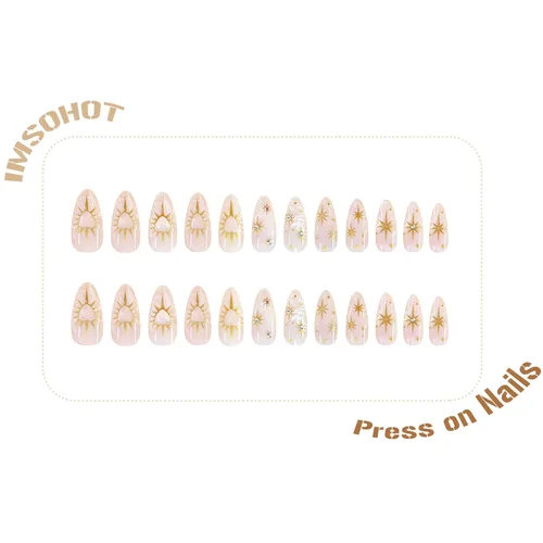 Vista 3 de IMSOHOT Uñas postizas a presión medianas de almendra, sol dorado, luna, patrón de corazón, uñas adhesivas de cobertura completa, brillantes
