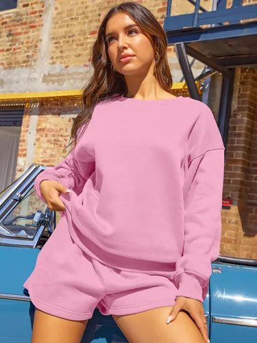 Vista 2 de AUTOMET Womens Two Piece Outfits 2 Piece Lounge Matching Sets Fleece Sweatsuit Sweat Shorts Fashion Fall Clothes Sweatshirt