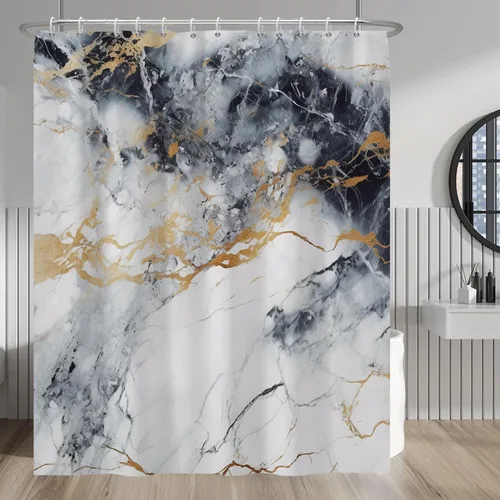 Vista 231 de Baocicco Cortina de ducha de mármol azul abstracto a rayas, decorativa, textura de lujo, línea moderna, decoración de acuarela, juego de cortinas