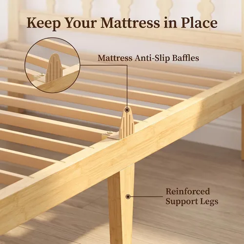 Vista 5 de Marco de cama de bambú individual XL con cabecero, plataforma de madera maciza de 12 pulgadas, marco de cama tamaño individual XL con listones