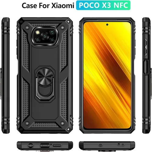 Vista 2 de Funda para Xiaomi POCO X3 NFC /X3 Pro con protector de pantalla, armadura de protección militar híbrida resistente a prueba de golpes, funda Negro
