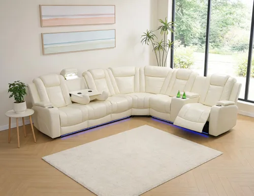 Vista 22 de Juego de sofá seccional reclinable eléctrico con luz LED, sofá esquinero reclinable de cuero y silla, muebles reclinables de teatro