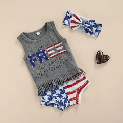 Vista 7 de Traje para bebÃ© niÃ±a del 4 de julio, ropa para el DÃ­a de los CaÃ­dos con borlas, camiseta con bandera