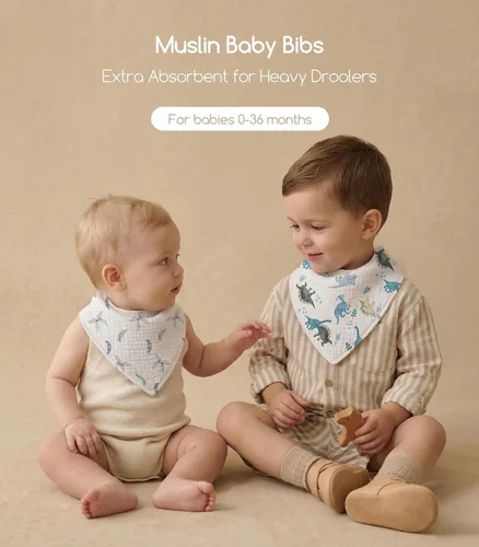 Vista 3 de Baberos de muselina para bebé 8 unidades, Babero tipo bandana para babeo y dentición, Algodón suave y absorbente para niñas y niños BC