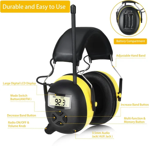 Vista 5 de BJKing - Auriculares con radio AM/FM y pantalla digital, orejeras de protección auditiva de 30dB, protección para los oídos para cortar el césped