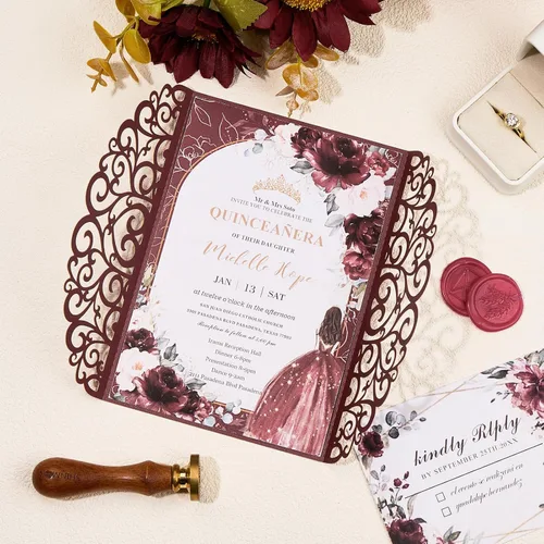 Vista 2 de 50 invitaciones de boda, invitaciones personalizadas cortadas con láser con sobres y tarjetas RSVP para quinceañera, despedida de soltera, baby