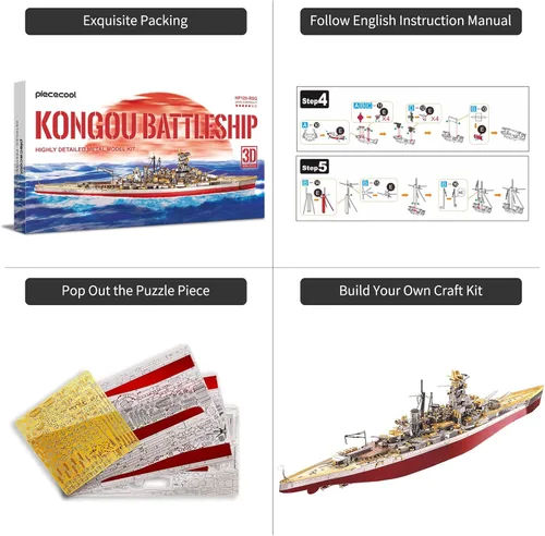 Vista 4 de Piececool Rompecabezas 3D para adultos, kit de modelo de acorazado de metal, buque de guerra Kongou modelos de metal 3D, kits de construcción