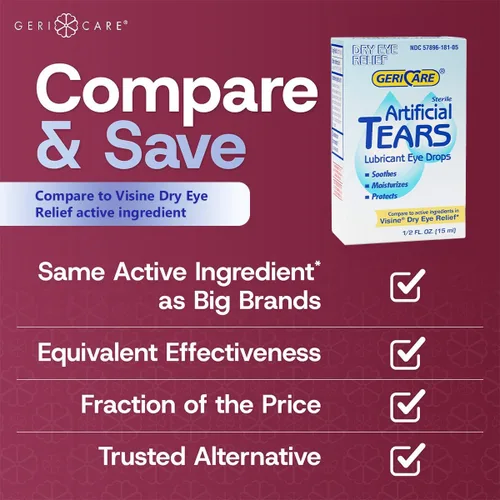 Vista 4 de GeriCare Lágrimas lubricantes artificiales, gotas calmantes de hidratación de ojos, fórmula lubricante ocular de larga duración, botella de 0.5