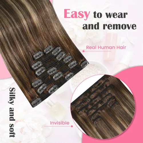 Vista 2 de Aison Extensiones de cabello con clip balayage de cabello humano real, extensiones de cabello ombre 100% de cabello humano para mujer, 12 pulgadas