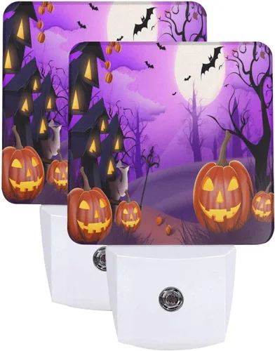 Vista 13 de Paquete de 2 luces LED de noche enchufables con diseño de calabazas de Acción de Gracias, sensor automático, hojas de otoño, juego de 2