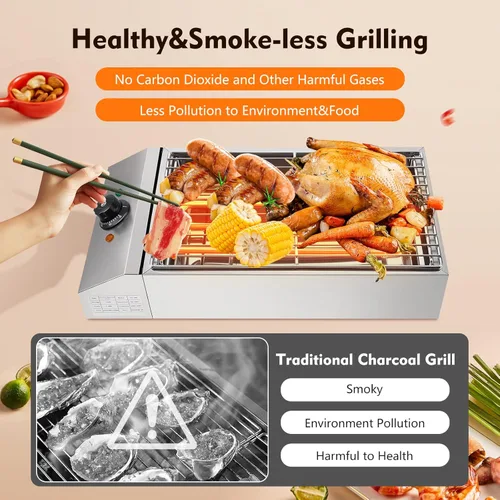 Vista 4 de Parrilla eléctrica para interiores sin humo, parrilla eléctrica con control de temperatura ajustable a 572 ℉ antiadherente para interior barbacoa