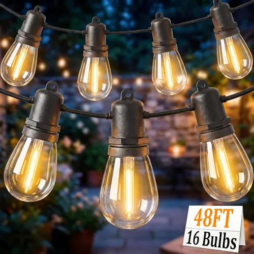 Vista 10 de Cadena de luces S14 para patio, 30 pies, para exteriores, con 11 bombillas LED transparentes (1 repuesto), luces colgantes impermeables
