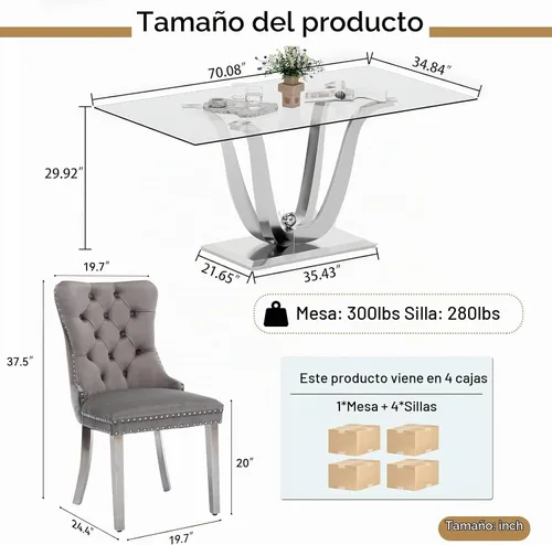 Vista 5 de Juego de mesa de comedor de cristal dorado de 5 piezas, 70 pulgadas, rectangular, moderna, para cocina y comedor, juego para 4, mesa de comedor