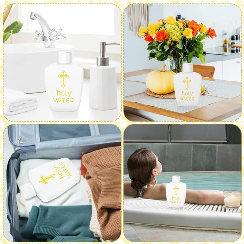 Vista 4 de 100 botellas de agua bendita de plástico de 2 onzas, recipientes vacíos con cruz dorada para católicos, cristianos, Halloween, primera comunión