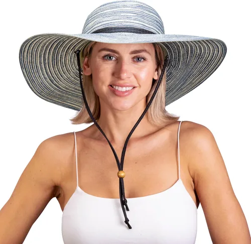 Vista 18 de Sloggers Sombrero de sol trenzado de ala ancha para mujer con cordón de viento, protección solar máxima UPF 50+ Piedra