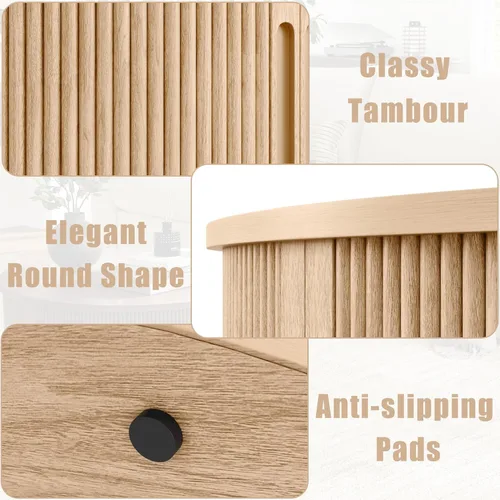 Vista 23 de LINSY HOME Mesa auxiliar redonda, mesa de centro de tambor de 31.5 pulgadas con puerta corrediza de tambor, mesa central acanalada con Roble