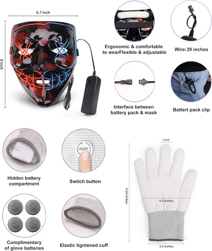 Vista 2 de Sago Brothers LED Mask Light up Mask Skeleton Gloves Costumes, Light Up Halloween Mask and LED Gloves