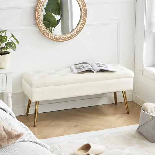 Vista 4 de Banco otomano de almacenamiento para dormitorio, banco otomano con extremo de almacenamiento de cama, color crema