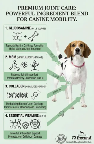 Vista 3 de Suplemento para perros Extend, cuidado de articulaciones para perros, suministro para 1 mes, glucosamina para perros con MSM y ácido ascórbico