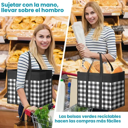 Vista 2 de WOWBOX Bolsas de comestibles reutilizables, paquete de 4, bolsas de compras plegables reutilizables a granel con asas reforzadas, bolsas
