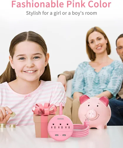 Vista 9 de NTONPOWER - Tira de alimentación rosa rosa con USB, cable de extensión de enchufe plano Nightst y estación de carga de escritorio con 3 salidas y 2