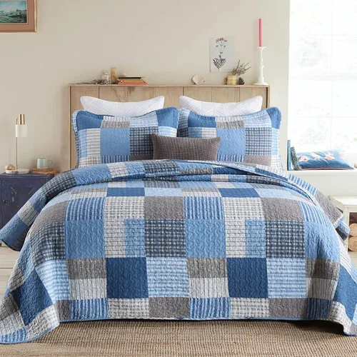 Vista 15 de PANGUSHAN - Juego de edredón tamaño Queen, 100% algodón, juego de ropa de cama, colcha reversible ligera de estilo granja con diseño de retazos, Azul
