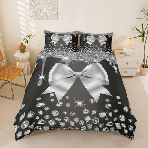 Vista 17 de Feelyou Coquette Bow Bedding Set Twin Size Leopared Bows Comforter Cover for Kids Teens Adults Glitter Diamond Blue Duvet Cover Cute Bowknot Room
