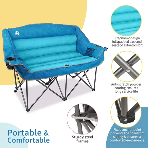 Vista 4 de Northroad Silla de camping doble de gran tamaño, sofá biplaza totalmente acolchado, silla doble plegable resistente con portavasos, reposabrazos