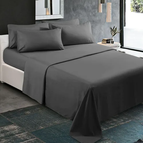 Vista 8 de Juego de sábanas de 800 hilos de 4 piezas, 100% algodón, sábanas cortas tamaño Queen color negro, 1 sábana bajera de algodón de fibra larga, 1